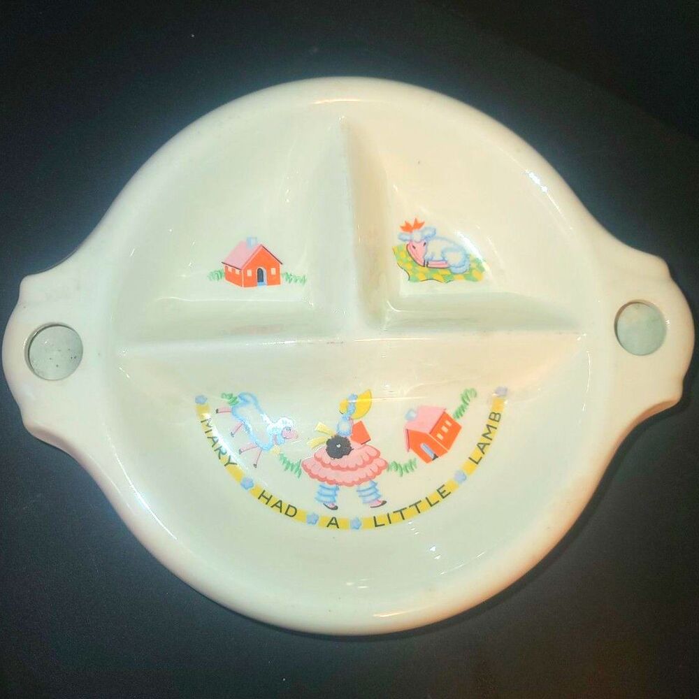 Vintage Mary Had a Little Lamb Ceramic Divided Baby Warming Dish White Nursery